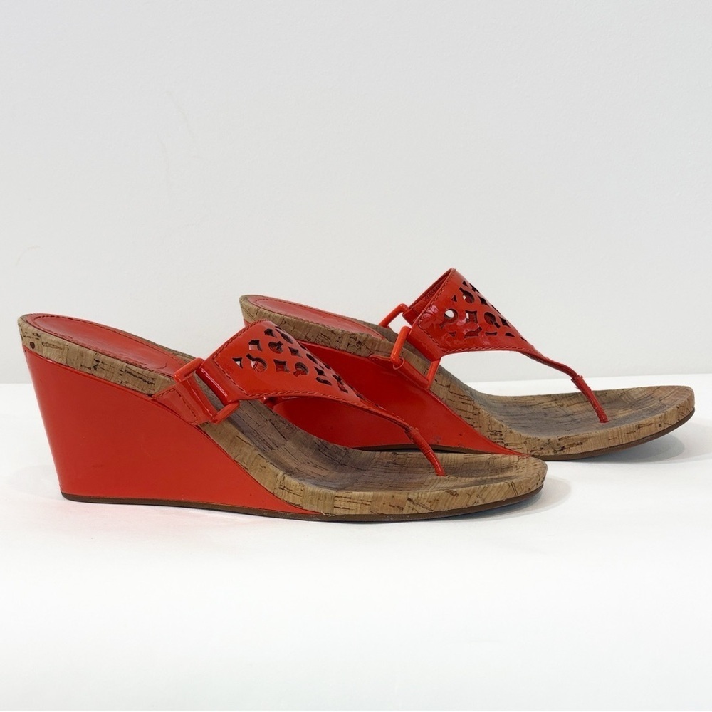 Coach Brookk Orange Patent Leather Cork Open Toe Thong Wedge Sandal